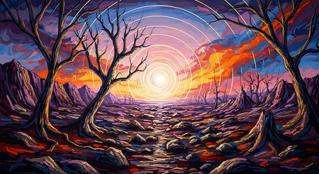 Sunset in the forest. Vector illustration of a fantasy landscape.の素材