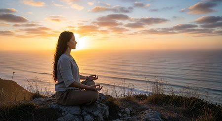 Young woman meditating on a cliff above the sea at sunset.の素材