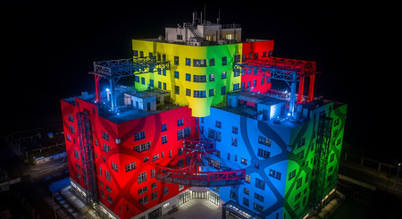 3D rendering of a multi-storey building in the nightの素材