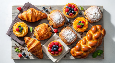 Freshly baked croissants with berries and cream on wooden boardの素材