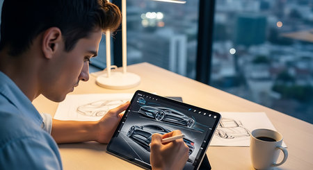 high angle view of young man drawing on digital tablet at table in officeの素材