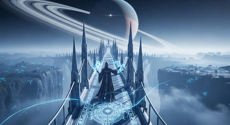 3D rendering of a futuristic landscape with a man and a city.の素材