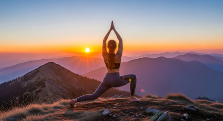 Young woman practicing yoga in the mountains at sunrise. Healthy lifestyle concept.の素材