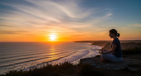 Young woman practicing yoga at sunset on the cliff above the sea.の素材