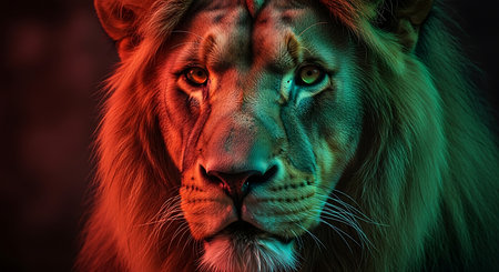 Portrait of a lion in the dark. Close-up.の素材