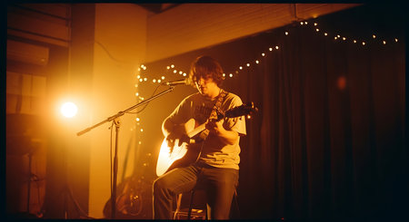 Portrait of a beautiful woman with curly hair singing into a microphoneの素材