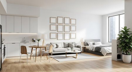Interior of modern bright living room with white walls, wooden floor, comfortable sofa and coffee table. 3d renderingの素材