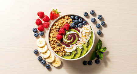 Healthy breakfast bowl with oat granola, yogurt, fresh berries and fruits.の素材