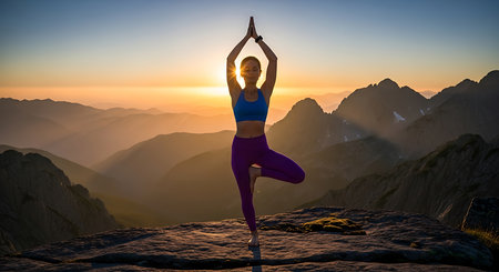 Woman practicing yoga on the top of a mountain at sunrise. Concept of healthy lifestyle and relaxation.の素材