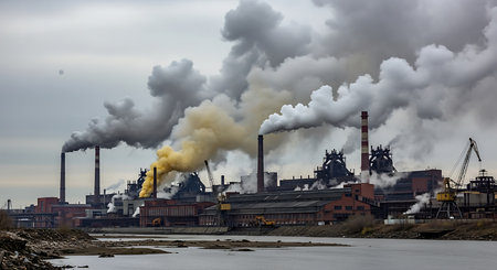 Industrial landscape with huge chimneys of an old factory, pollutionの素材