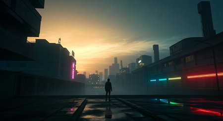 Silhouette of a man walking on the street in the city at nightの素材