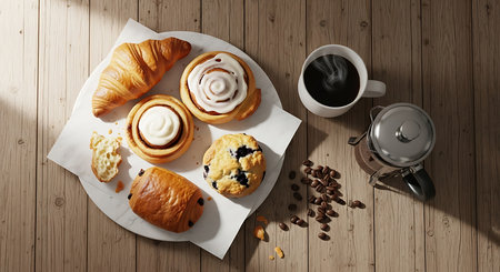 Cinnamon rolls and cup of coffee on wooden background, top viewの素材