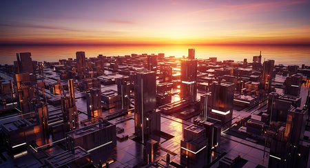 3d render of futuristic city with skyscrapers at sunset.の素材