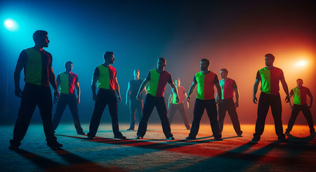 Silhouette of a group of people running in the dark.の素材