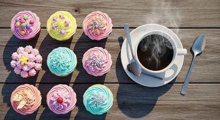 Cup of coffee and pastel cupcakes on wooden table.の素材