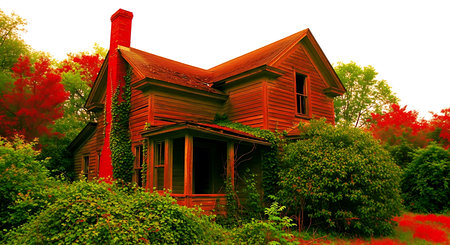 Old wooden house in the garden with red leaves and green bushes.の素材