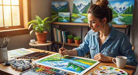 Young female artist drawing pictures on canvas while sitting at her working placeの素材