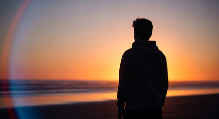 Young man standing on the beach at sunset and looking at the seaの素材