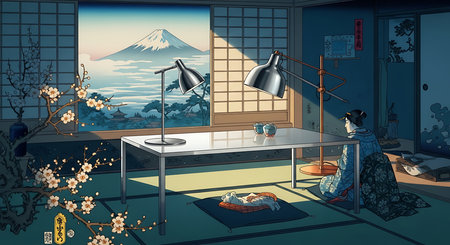 Illustration of a Japanese style room with a view of Mt. Fujiの素材