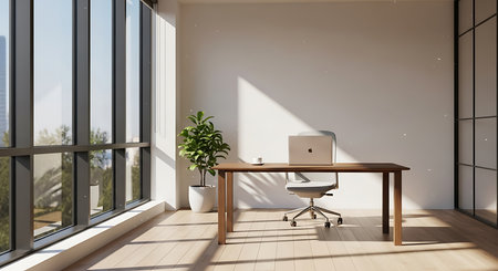 Interior of modern office with white walls, wooden floor, panoramic window with city view and daylight. 3d renderingの素材