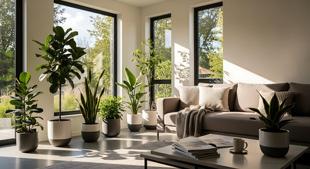 Interior of modern living room with sofa and plants, 3d renderの素材