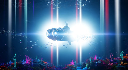 Underwater scene with submarine and corals. 3d rendering.の素材