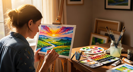 Female artist painting on canvas in her studio. She is sitting at the table and looking at the picture.の素材