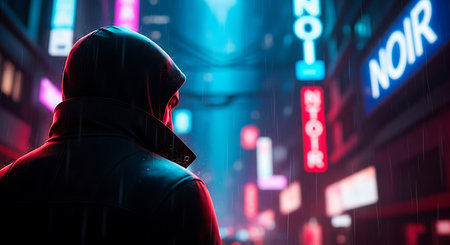 Man in hoodie and mask on city street with neon signs. Cybercrime conceptの素材
