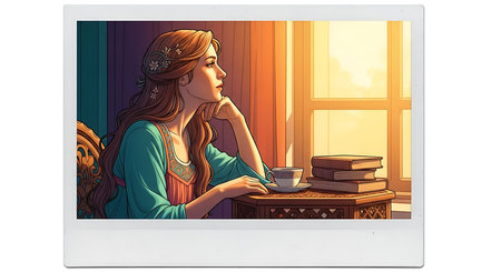 Illustration of a young woman reading a book on a tablet computerの素材