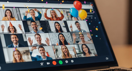 Laptop screen with video conference. Group of people having online meeting at home.の素材