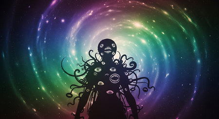 Halloween background with monster and glowing rainbow. Vector Illustration.の素材