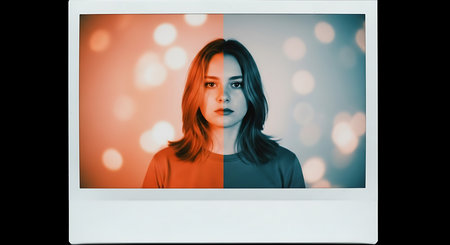 Portrait of a beautiful young woman in front of a photo frameの素材