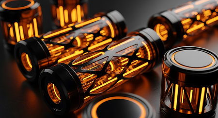 3d illustration of a group of batteries with neon light inside.の素材