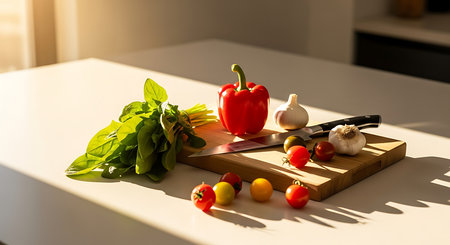 Vegetables on a cutting board on a white table in the kitchenの素材