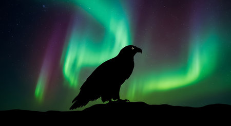Northern lights Aurora borealis in the night sky with silhouette of eagleの素材