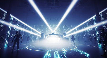 3D rendering of a futuristic corridor with neon lights and people walkingの素材