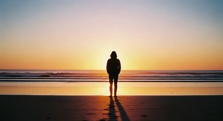 Silhouette of a woman standing on the beach at sunset.の素材