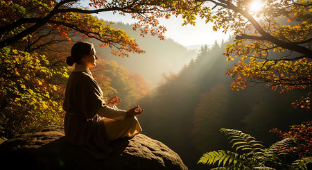 Woman meditating in lotus position on a rock in the forestの素材