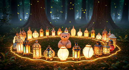 Lanterns and teddy bear in the forest. 3D renderingの素材