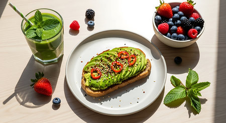 Healthy breakfast. Toast with avocado and berries on a wooden tableの素材
