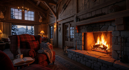 Interior view of a log cabin with fireplace, armchair and bookの素材