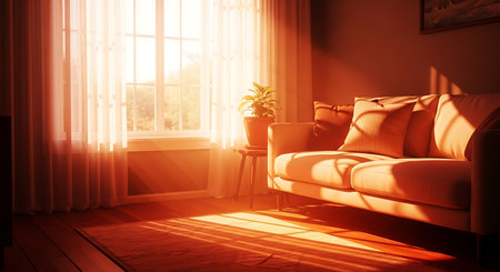 Living room interior with sofa and plant in vase. 3D renderingの素材