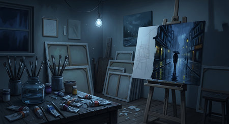 Painting a picture in the artist's workshop. 3D renderingの素材