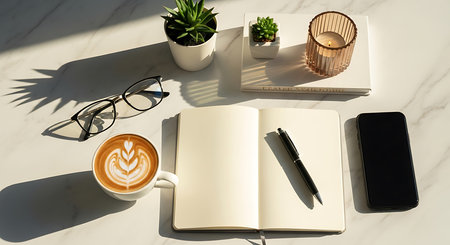 Top view of modern workspace with coffee cup, notebook, smartphone, plant and eyeglasses on white marble backgroundの素材
