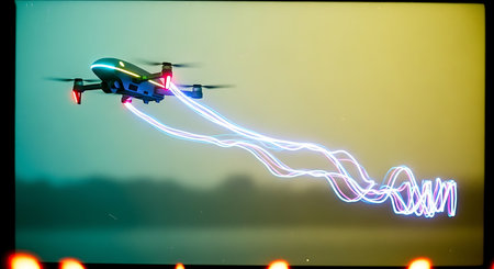 Drone flying with a light trail on the background of the screenの素材