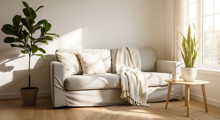 Modern living room interior with sofa and plant. 3D Renderingの素材