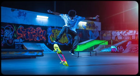 Skateboarder performing a trick in a skate park. Extreme sport.の素材