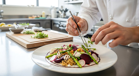 Chef preparing salad in the kitchen, close-up of the handsの素材