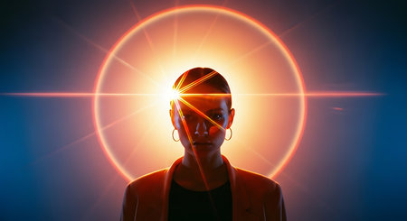 Futuristic cyberpunk style portrait of young woman with glowing eye.の素材
