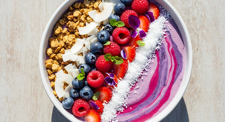 Healthy breakfast bowl with yogurt, granola and fresh berries.の素材